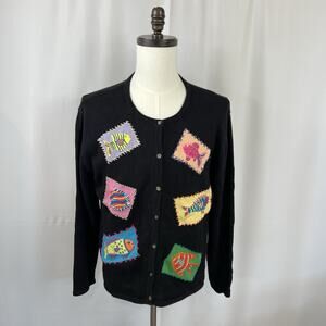 Vintage thyme Colorful Fish Embroidered Black Button Down Sweater Size XL